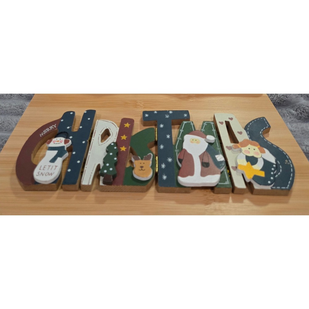 Wooden Christmas Folding Tabletop Sign Folk Art Santa Snowman Reindeer Decor